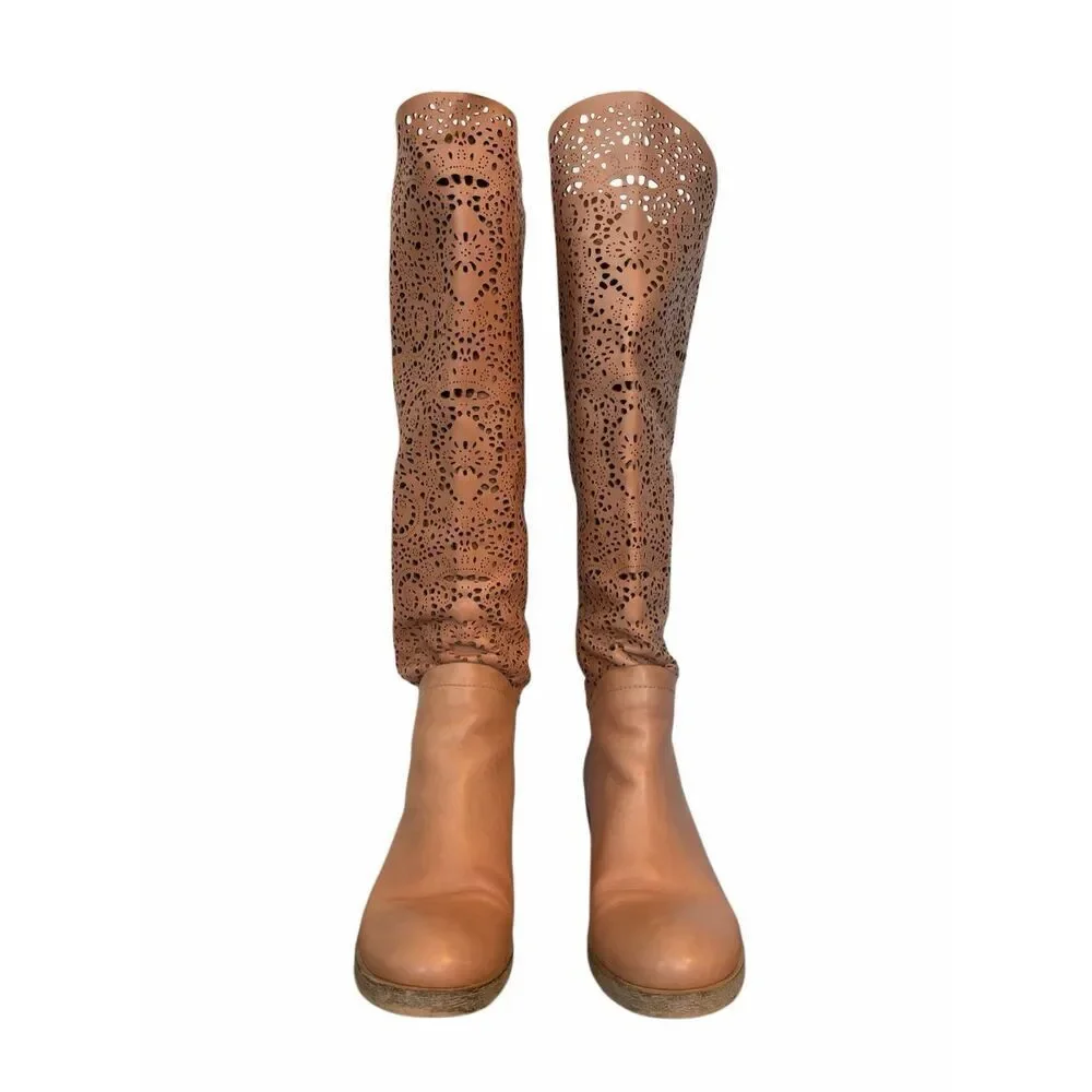 Sundance Lucera Lace Up Laser Cut Knee-High Boots in Nude/Blush Size 39 US 8.5-9
